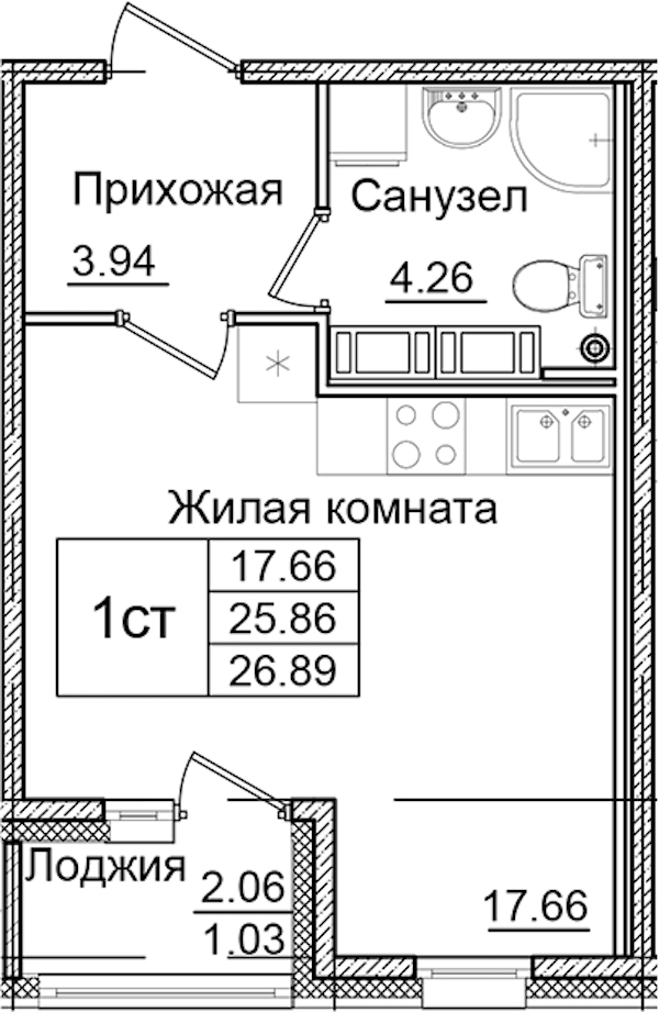 Квартира студия 26.89 м², 4/9 эт., ЖК «Квартал Заречье»
